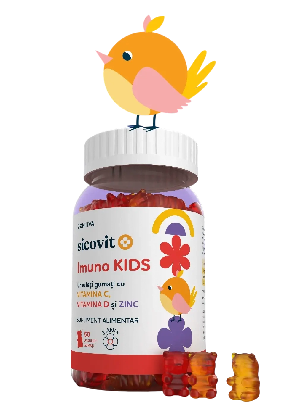 Sicovit Imuno KIDS – supliment alimentar pentru copii, sub formă de ursuleți gumați cu vitaminele C, D și zinc. Ambalaj colorat, decorat cu elemente vesele, inclusiv o pasăre galbenă stilizată. Borcan cu 50 de ursuleți gumați, destinat susținerii imunității copiilor cu vârsta peste 3 ani.