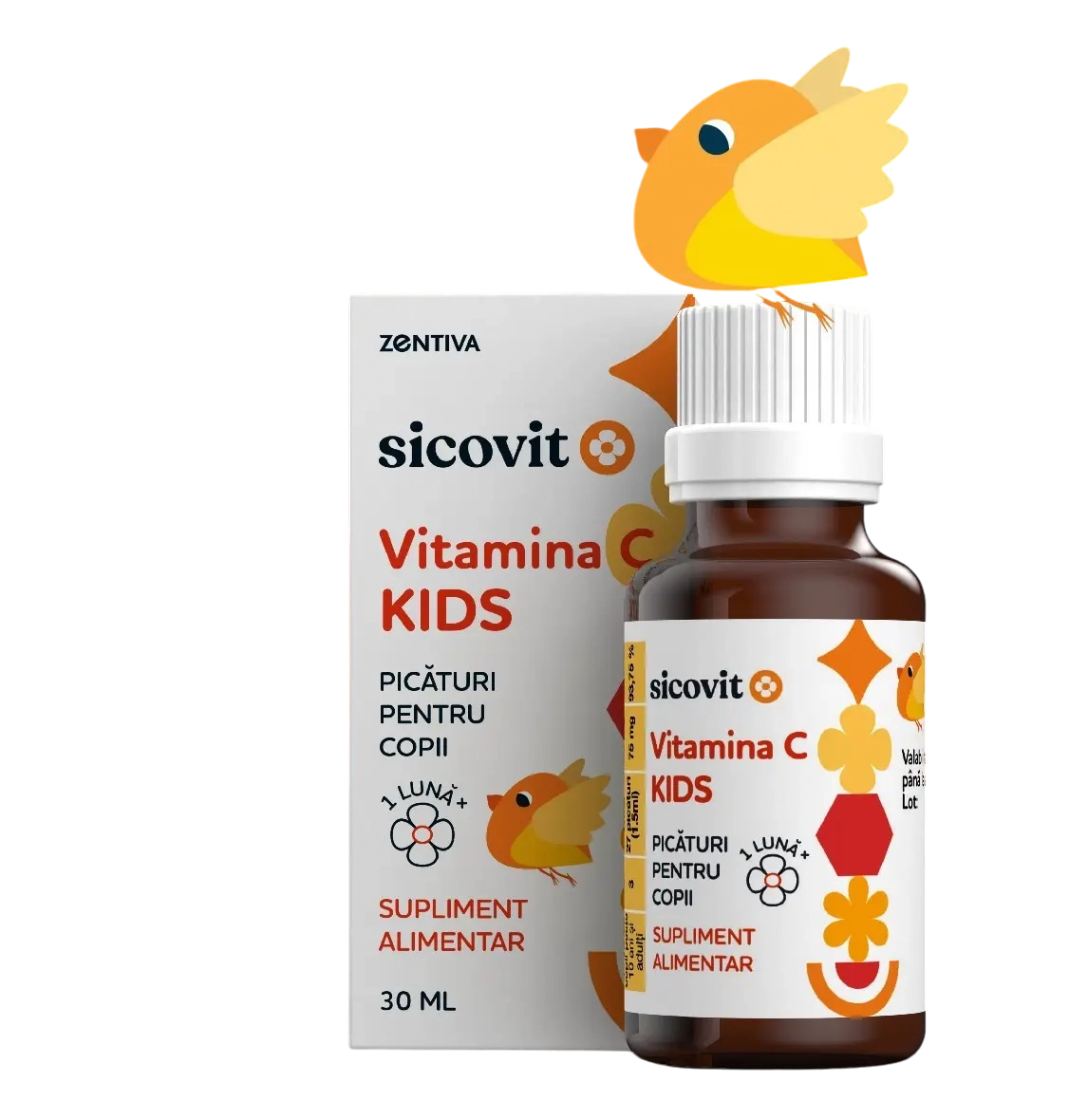 Sicovit Vitamina C KIDS – supliment alimentar pentru copii, sub formă de picături. Ambalaj atractiv, decorat cu elemente jucăușe, inclusiv o pasăre galbenă. Flacon de 30 ml destinat sprijinirii sistemului imunitar al celor mici, recomandat de la vârsta de 1 lună.